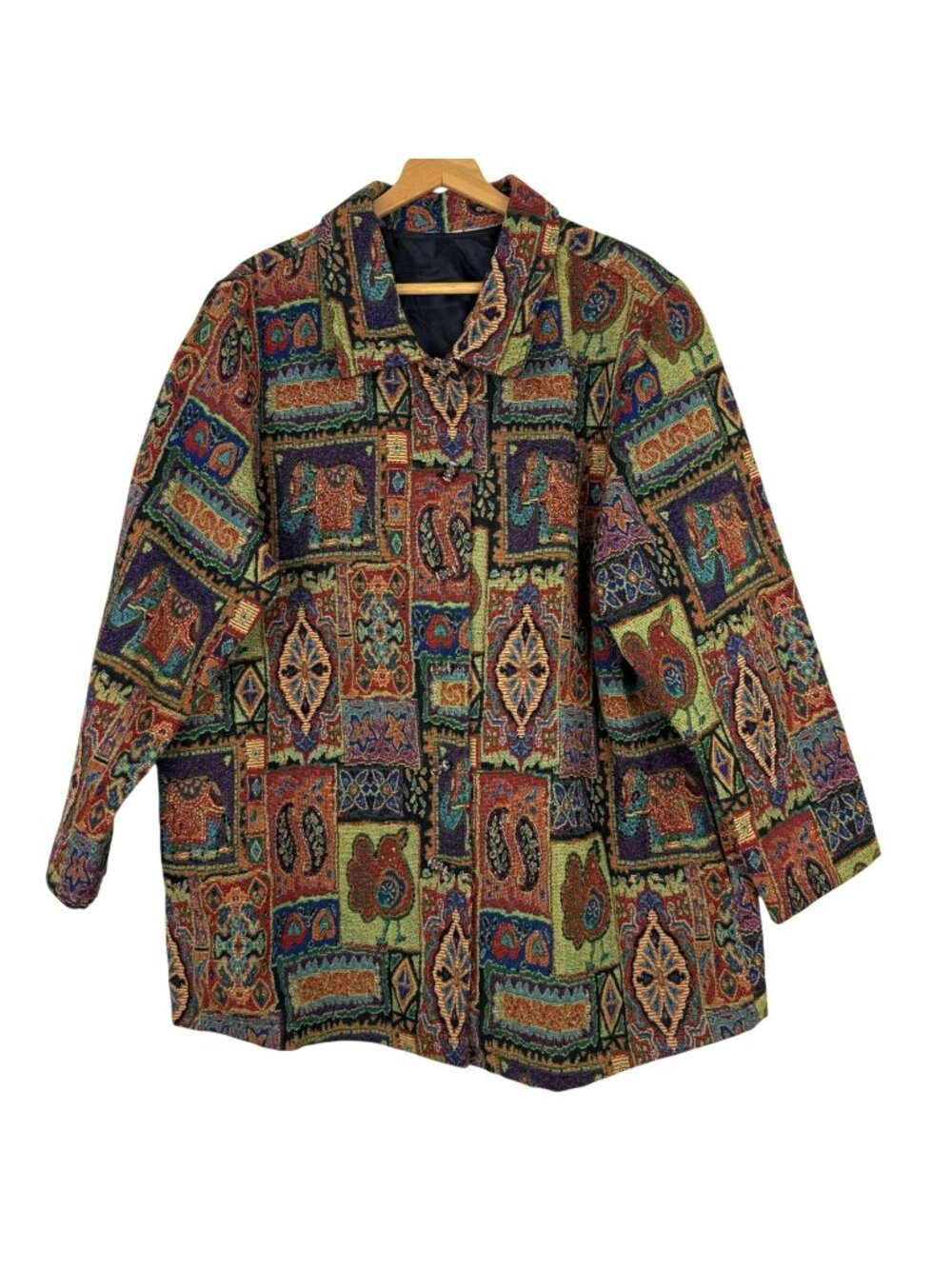 Vtg Tapestry Jacket Women's 2X 50" Bust Beaded Bird Elephant Artsy Boho Print
